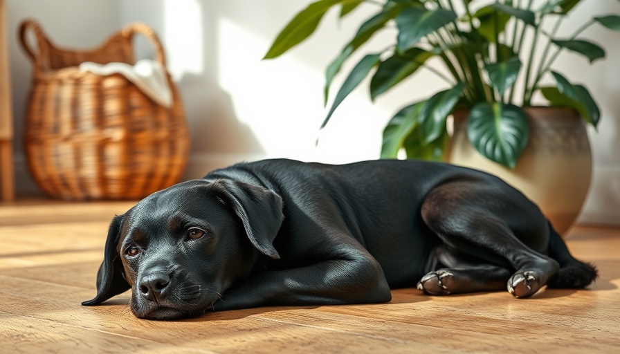 Best flooring for dogs: black dog on cork floor beside a plant and basket.
