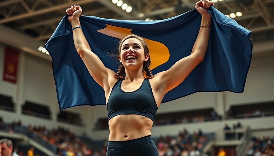 Taina Fernandez U17 World Champion celebrating with flag in sports arena.