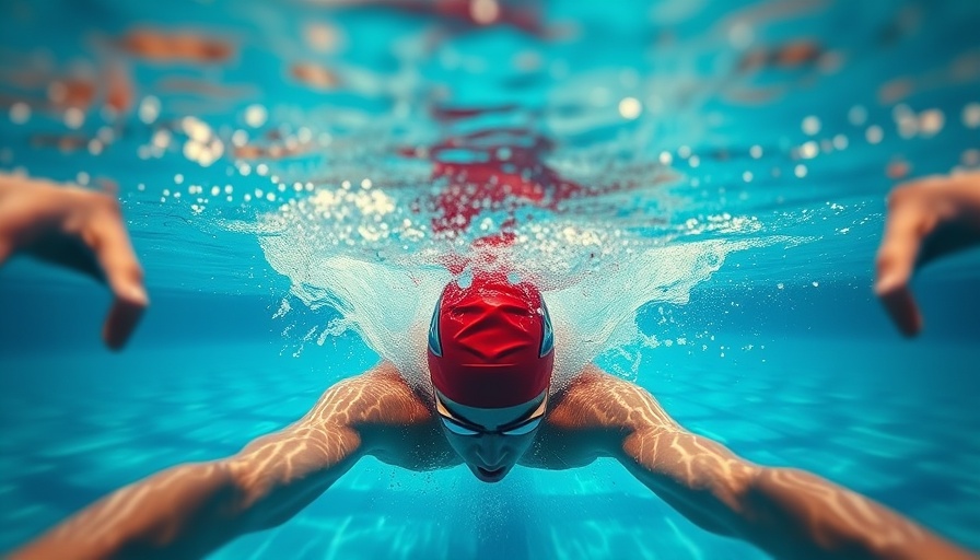 Swimmer head angle underwater, red cap, sports performance.