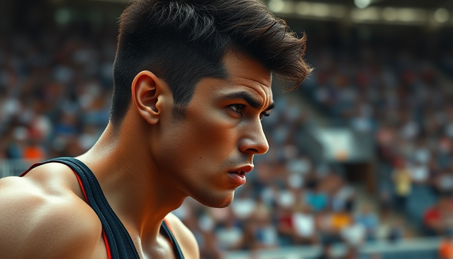 Focused athlete preparing to race with determined expression.