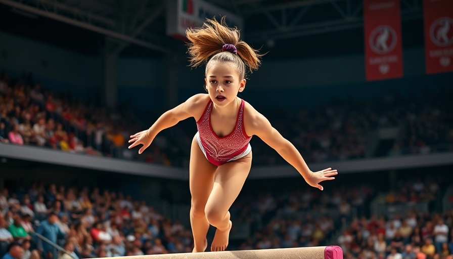 Energetic gymnast performing at 2025 Xfinity U.S. Gymnastics Championships