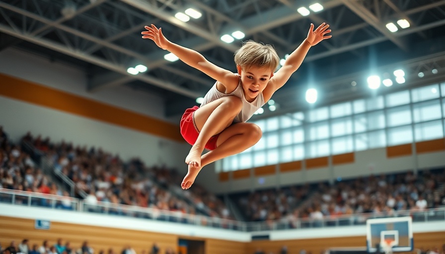 A young gymnast in mid-performance promoting gymnastics advocacy.