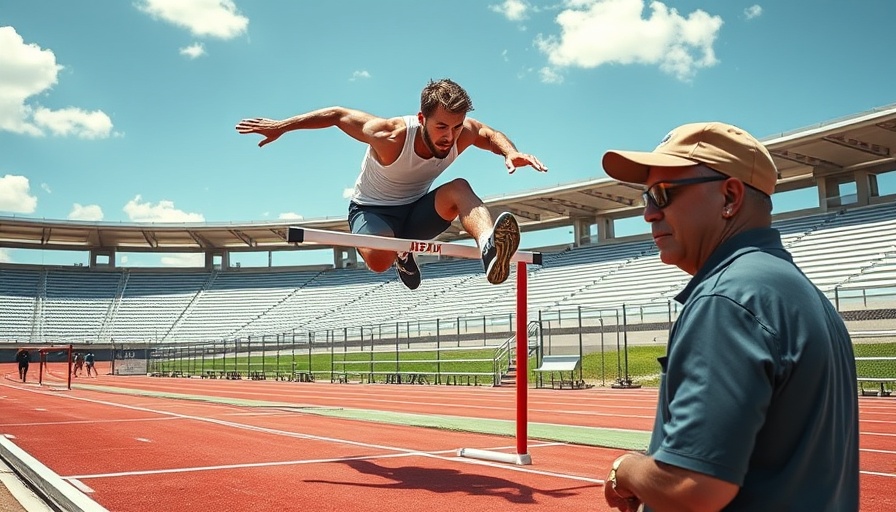 Athlete hurdling on track, expert below giving instructions about Trail-Arm Tightener.