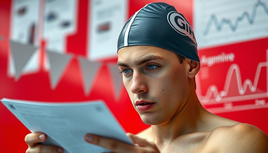 Swimmer analyzing paper with structured swimming workouts against a red background.