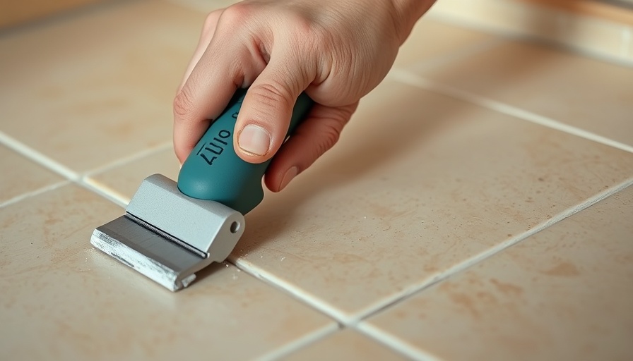 Close-up of regrouting tile with grout remover tool.