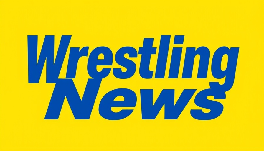 Bold blue Wrestling News logo on yellow background.