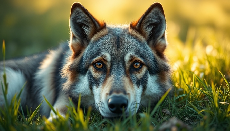 Wolf-dog hybrid resting in grass, eyes focused, serene nature.