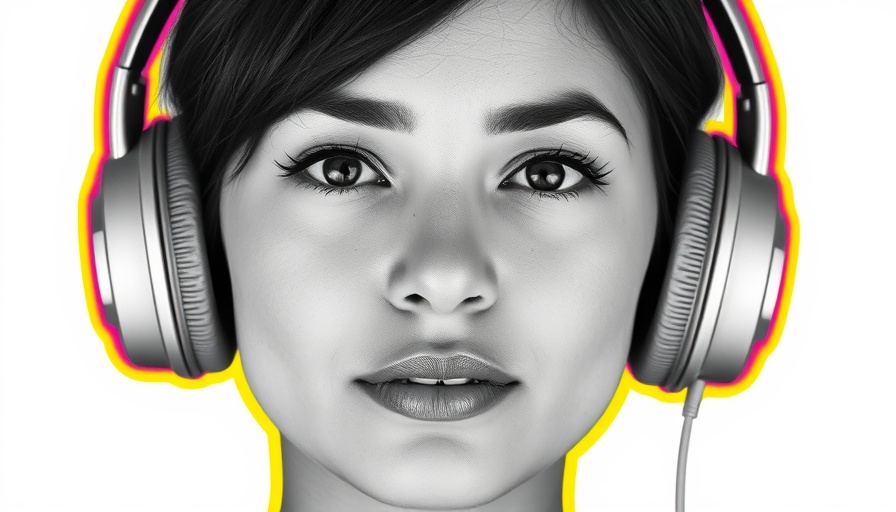 Black and white portrait of woman with headphones, colorful border.