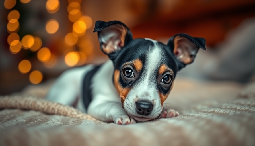 Rat Terrier puppy with big eyes in cozy setting.