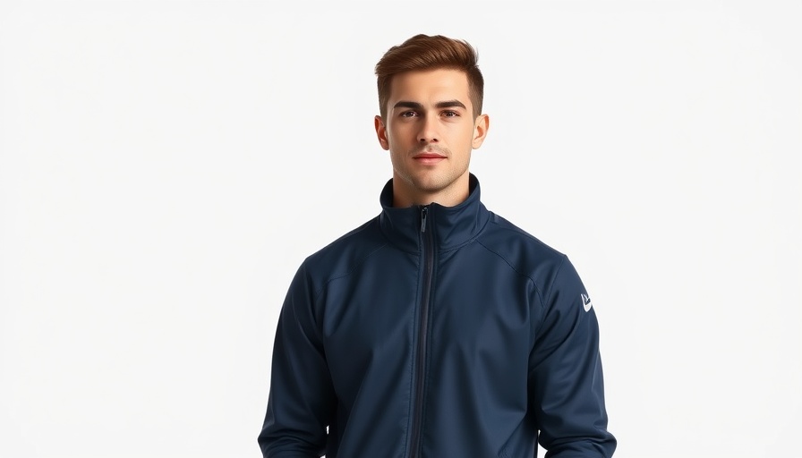 Young male athlete confidently standing, wearing a navy jacket.