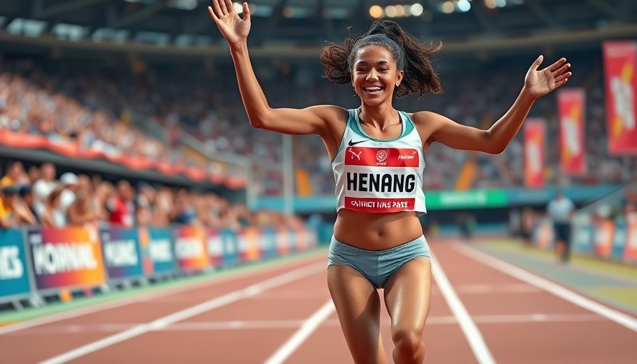 Kim Crosby's 100m Championship Win, athlete crossing finish line, vibrant scene.