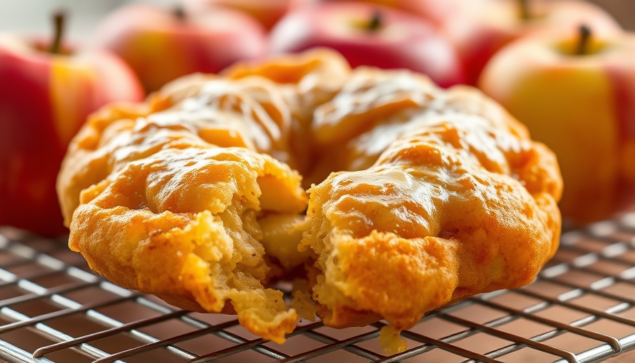 Air Fryer Apple Fritters close-up with a bite taken, on a cooling rack.