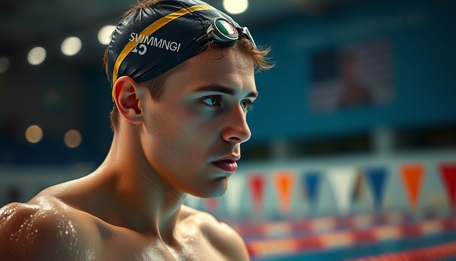 Swimmer preparing at a swim event with a large background image, Carlos D'Ambrosio Italian Relay Silver.