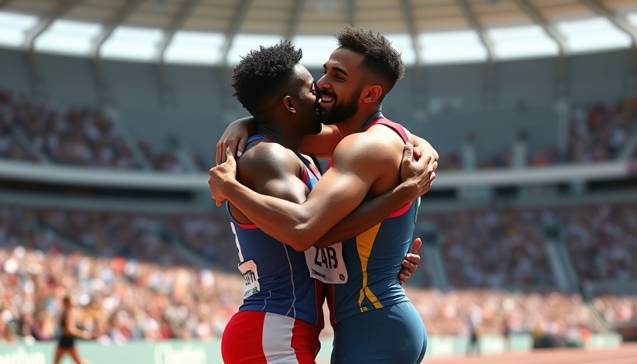 Athletes celebrating achieving Tokyo Olympic qualifying standard at a stadium.