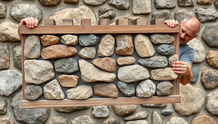 DIY Fence Construction: Man assembling stone-textured panel outdoors.