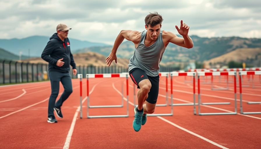 Athlete improving takeoff distance on red track with coach advice.