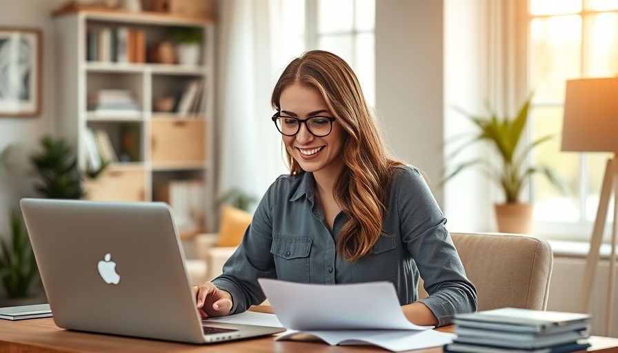 Cheerful woman working from home, displaying remote work tips.