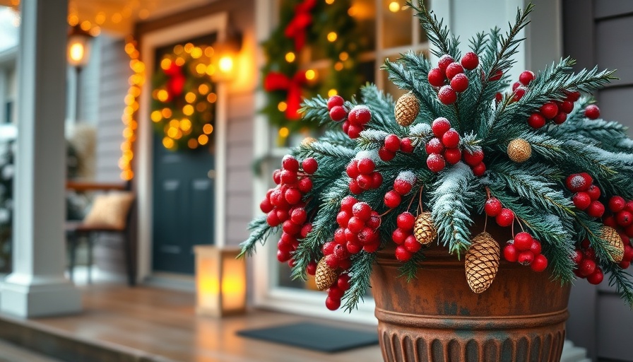 Festive porch pot with berries and pinecones, warm lights, Christmas decor.
