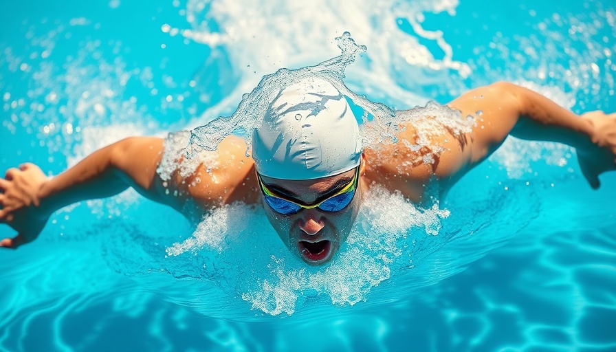 Swimmer with soft hands in action, vivid pool setting, dynamic water splash.