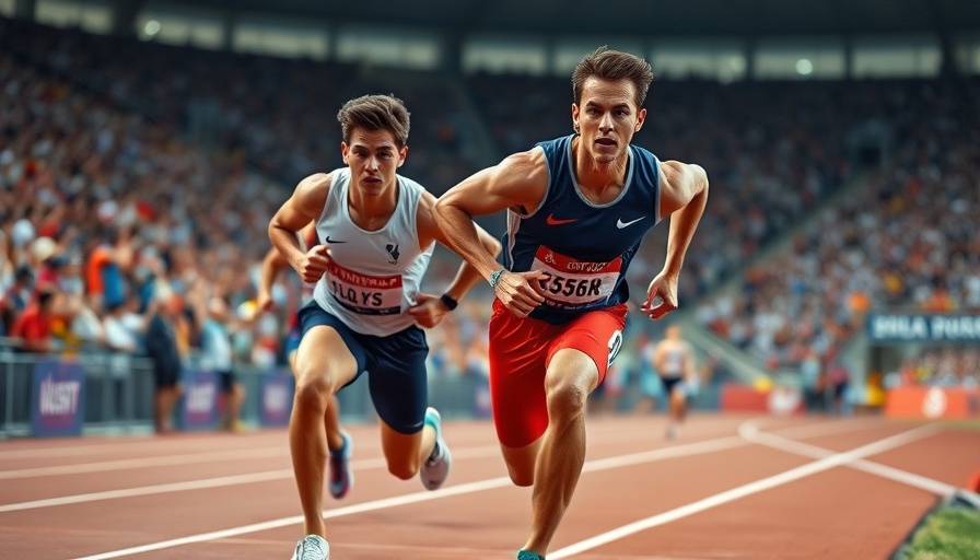 Athletes sprinting in a vibrant stadium, showcasing dynamic athletic performance.