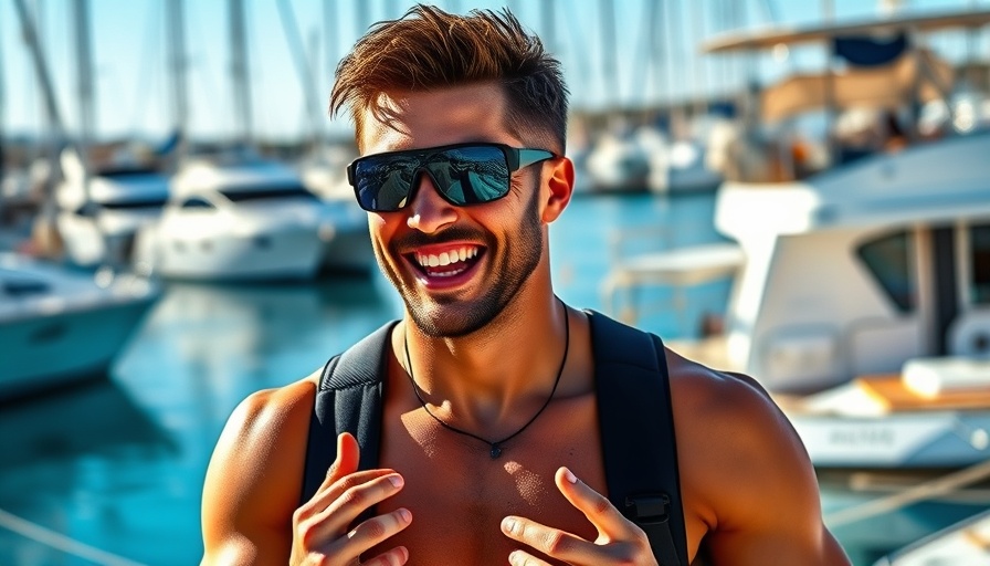Athletic man discussing dryland training for swimmers at the marina.