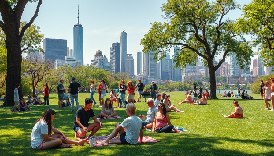 Summer Skincare Tips in a park setting with city background.
