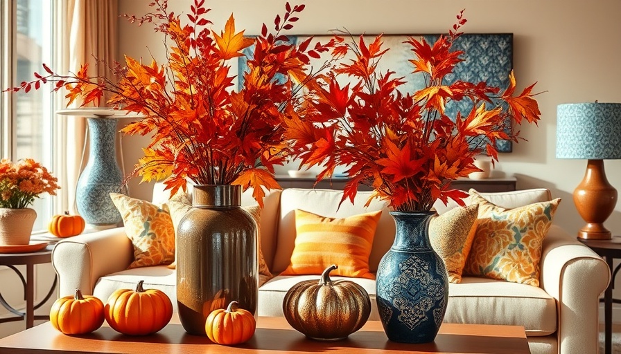 Cozy fall living room decor with vibrant vases and cushions, easy DIY fall decorating ideas.