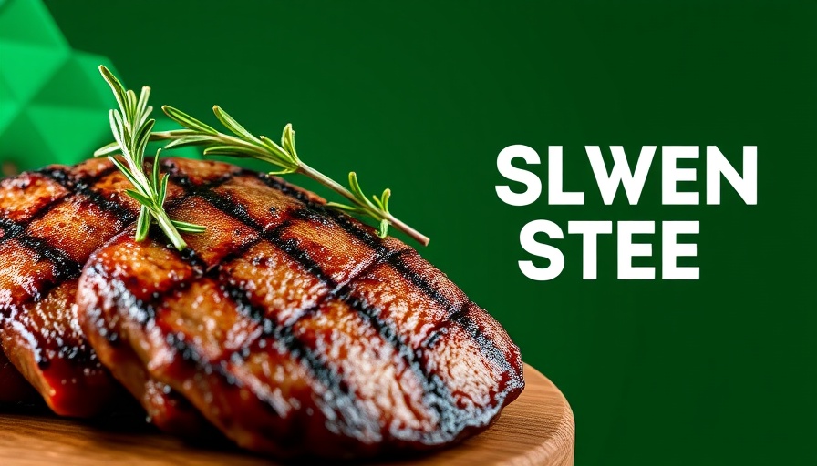 Is Protein Good for Heart Health? Grilled steak with rosemary on geometric green background.