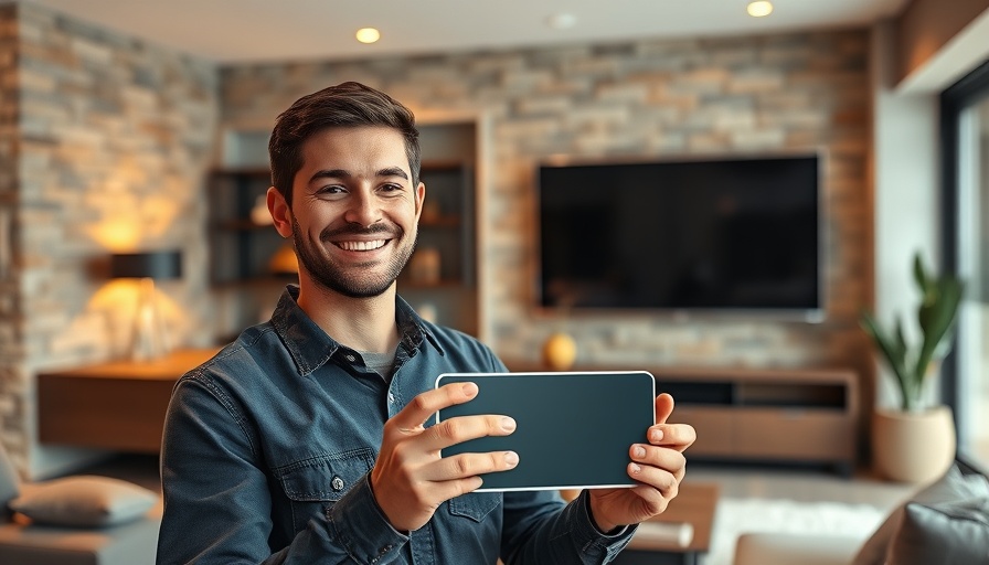 Young man with smart device in modern living room, Smart Home Solutions