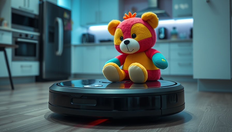 Robo Rock Soros Z70 robot vacuum holding toy in modern kitchen.