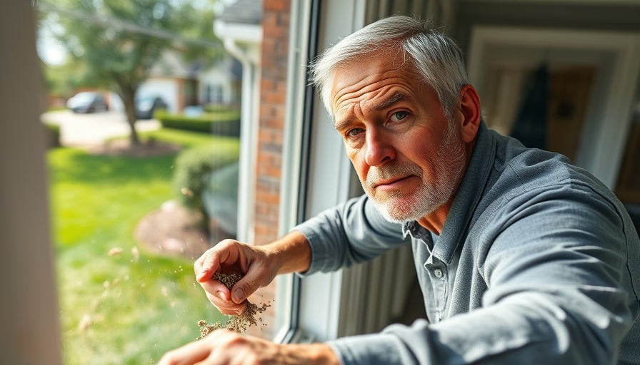 Man performing seasonal window well maintenance on house.