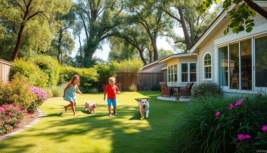 Kid and pet-friendly yard with kids and pets playing.