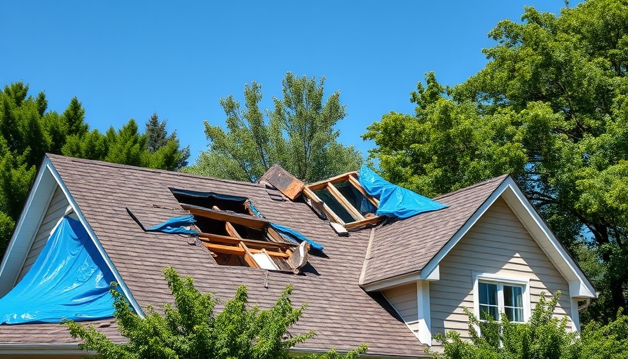 Storm-damaged house roof with blue tarps indicating contractor scams.