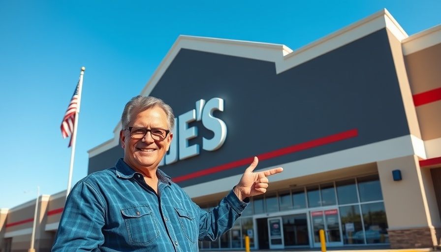 Man showcasing unique tools at Lowe's for DIY, sunny day.
