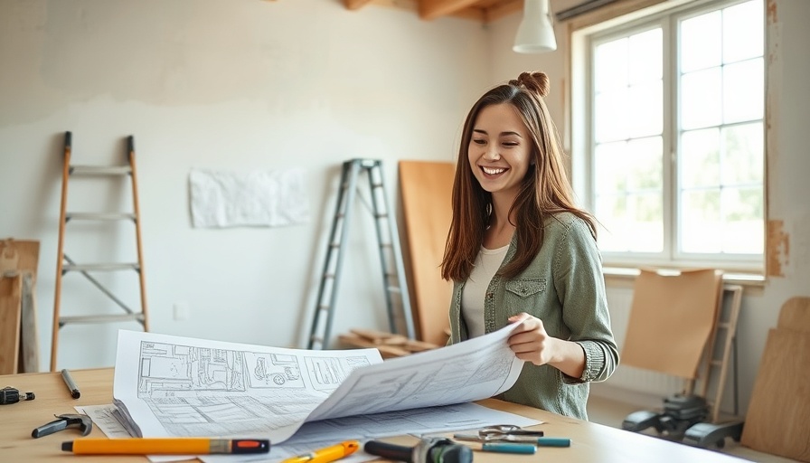 Woman planning vacation home renovations, surrounded by tools and blueprints.