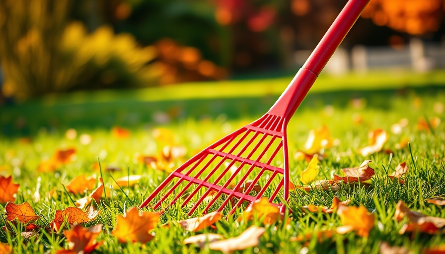 Red rake on autumn leaves on green grass, showcasing benefits of leaving your leaves in fall.