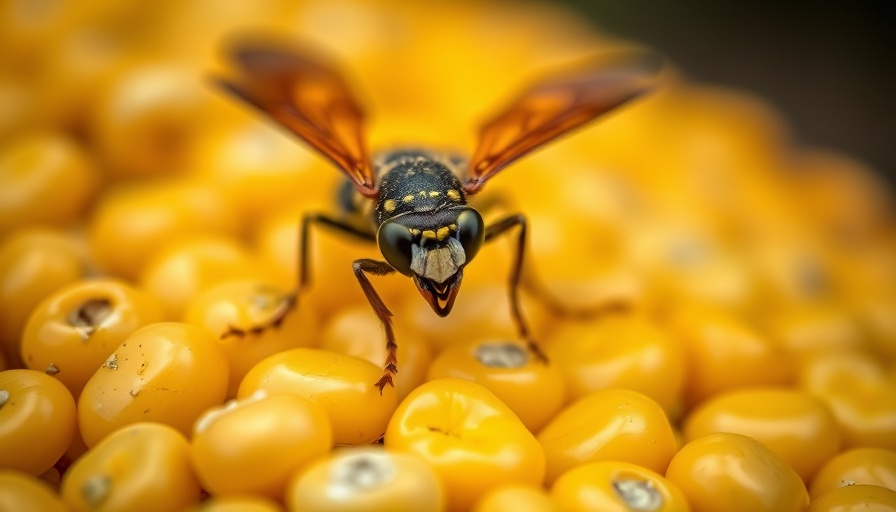 Wasp feeding on bright yellow corn kernels, detailed macro view.