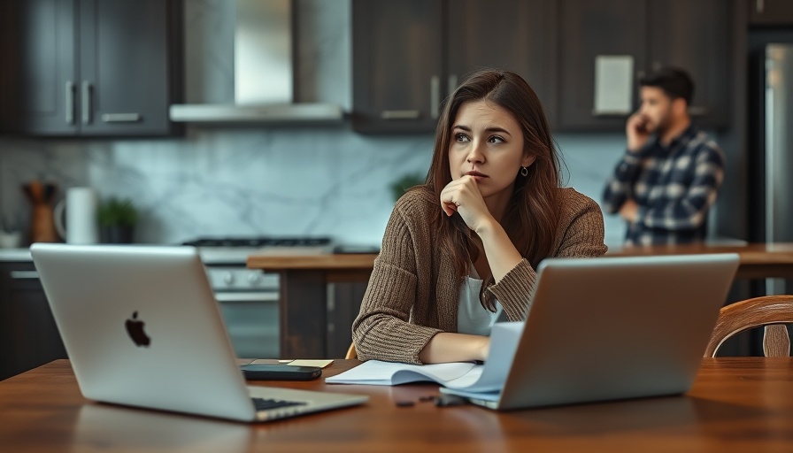 Modern kitchen scene with thoughtful woman and man on phone, exploring social media and marriage.