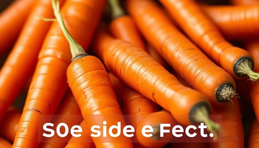 Close-up of carrots with text about side effects of eating many.