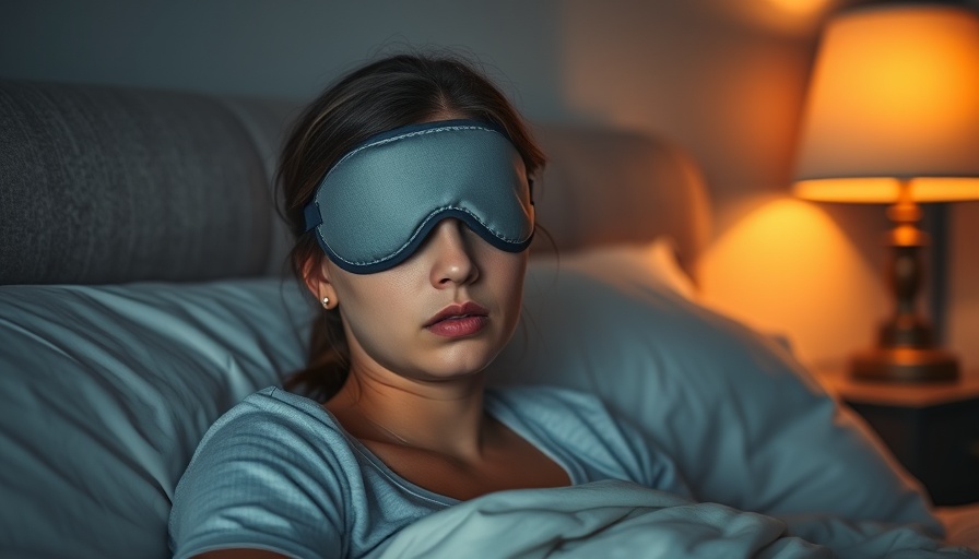 Frustrated woman wearing a sleep mask in a dimly lit room, illustrating challenges of falling asleep with ADHD.