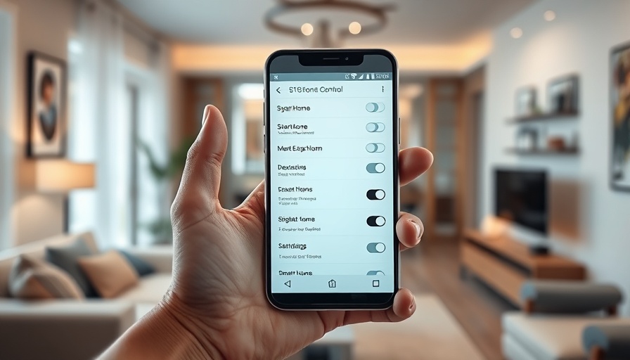 Futuristic smartphone showing smart home controls in a modern living room.