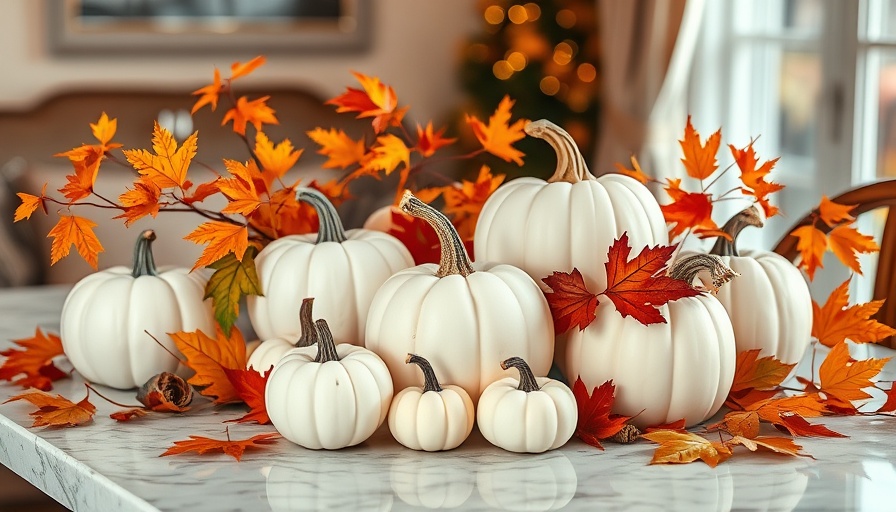 Charming fall table decor with white pumpkins and seasonal leaves.