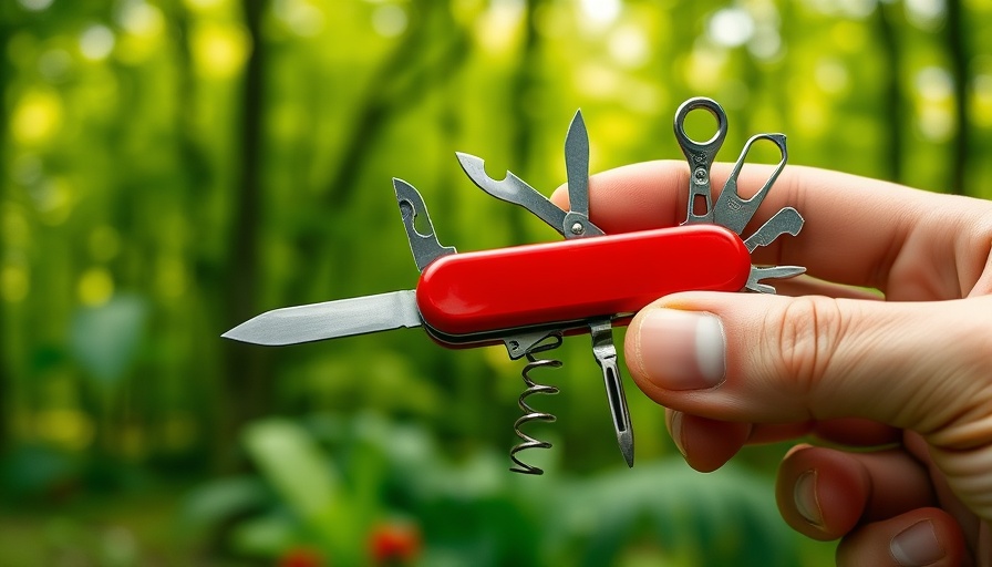Swiss Army Knife with extended tools in a natural setting.