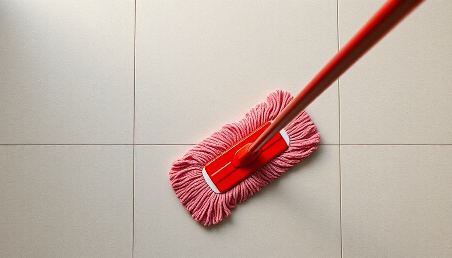 Mop on clean matte porcelain tiles, vibrant red handle.