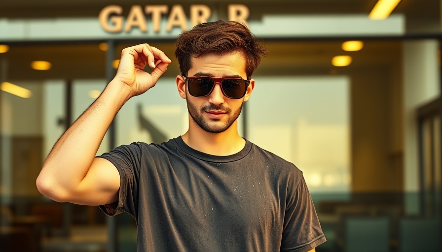 Young man in Qatar experiencing high humidity with soaked shirt.