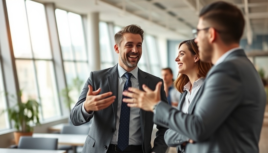 Sales executive in corporate setting discussing catering deals.