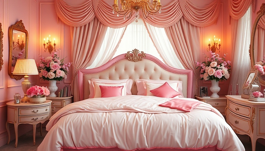 Luxurious pink bedroom with elegant decor and soft lighting.