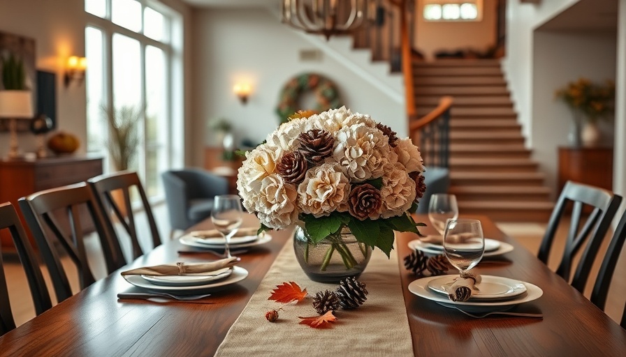 Elegant fall-themed table with hydrangeas and pinecones, showcasing seasonal decor.
