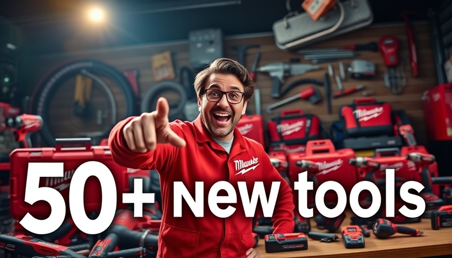 Promotion of new Milwaukee toolkits with excited man pointing, best affordable DIY toolkits Asheville NC homeowners.