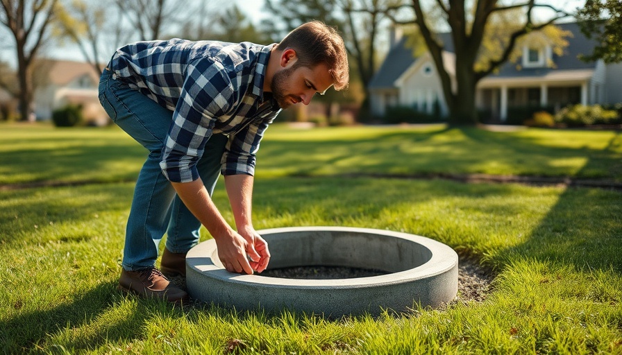 Man assembling DIY septic system for your home with concrete rings.